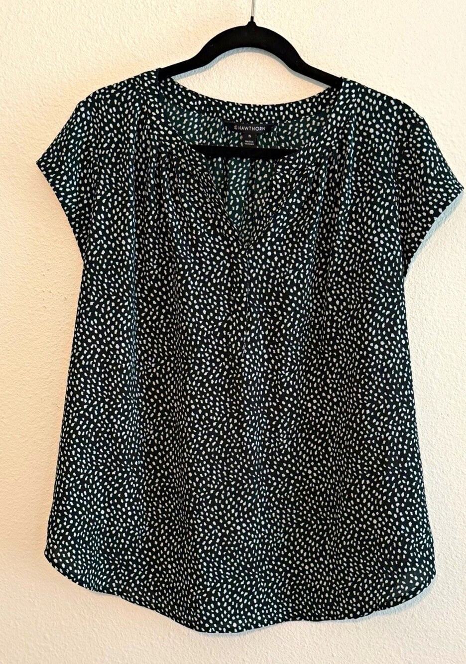 Hawthorn Women’s XL Dark Green/White Polka Dot V-Neck Short Sleeve Blouse